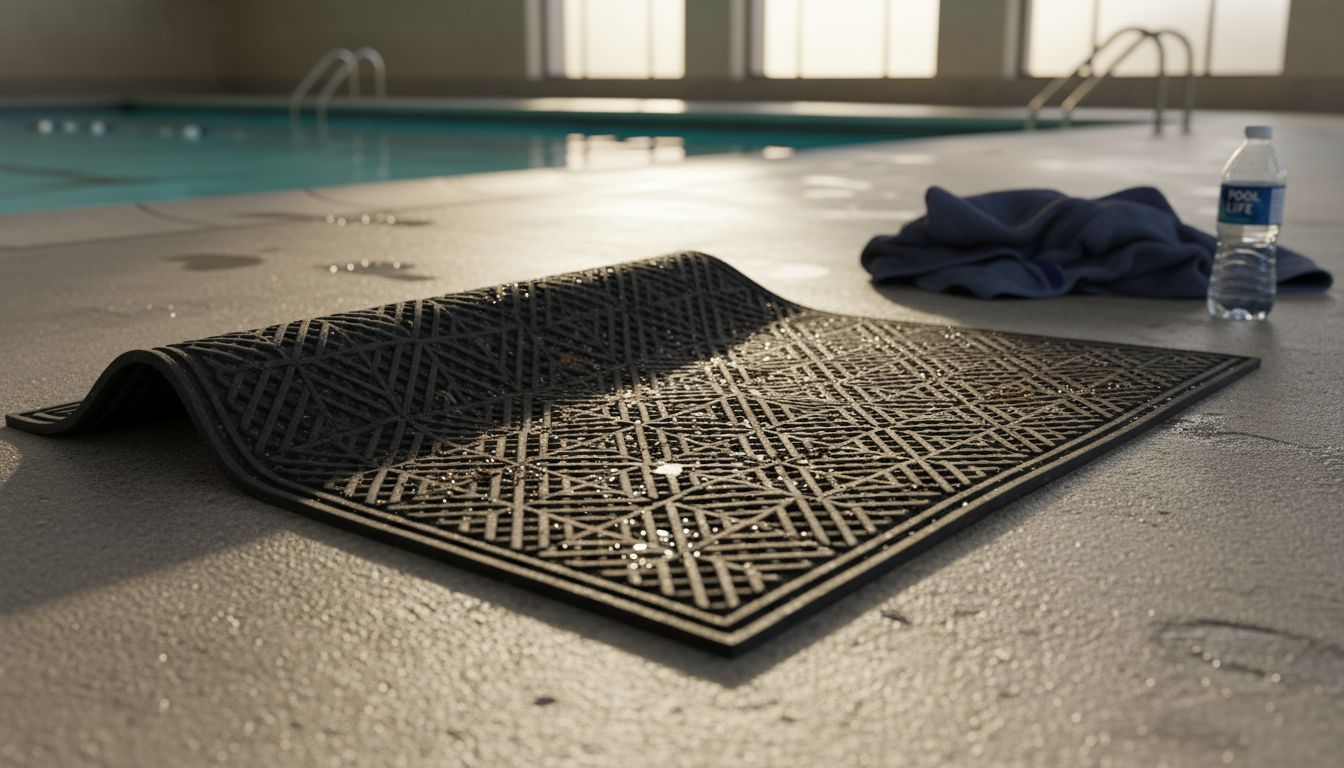 Textured rubber mat surface with drainage patterns