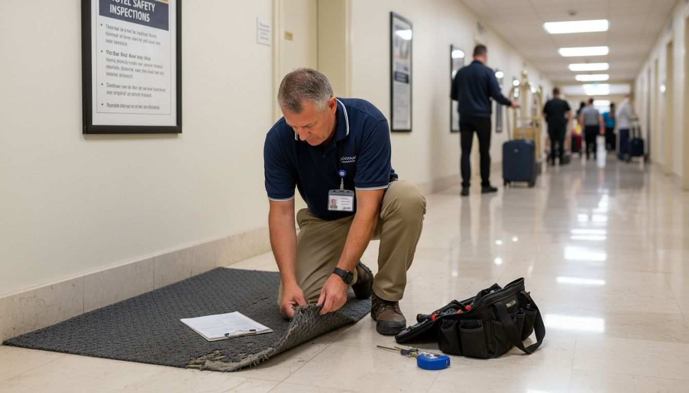 Manager inspecting mat for safety compliance