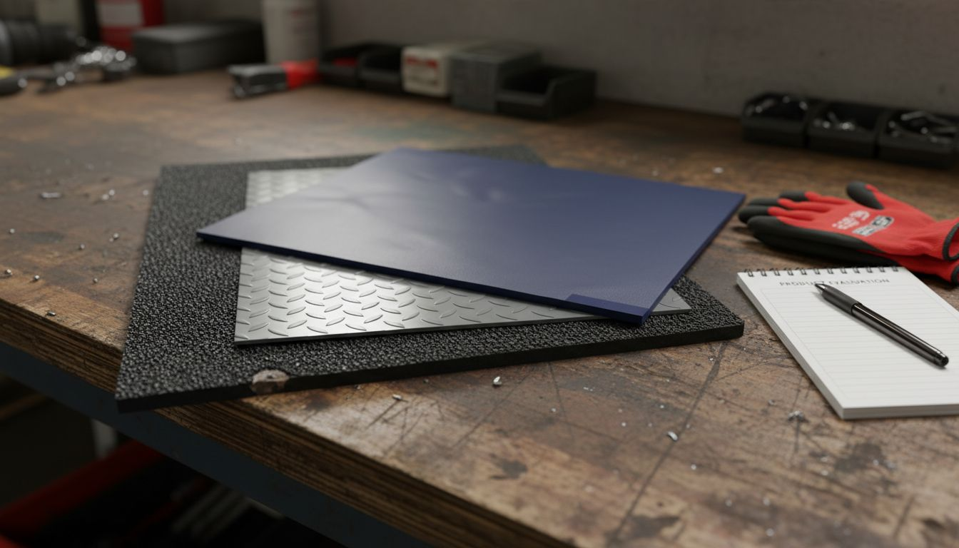 Closeup of rubber, PVC, polyurethane mat samples