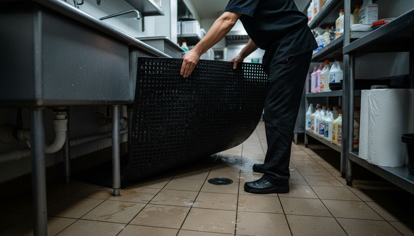 Worker cleaning rubber kitchen floor mat