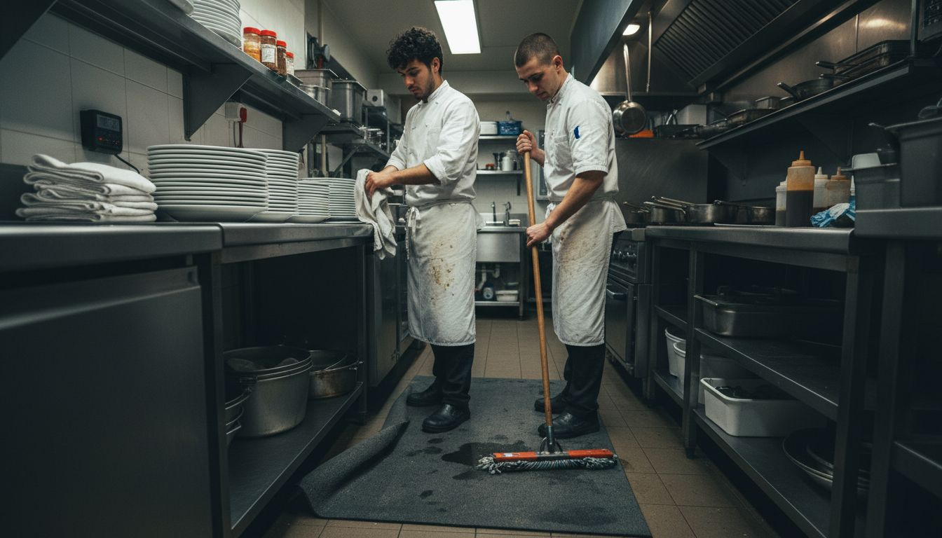 Line cooks with commercial kitchen mats