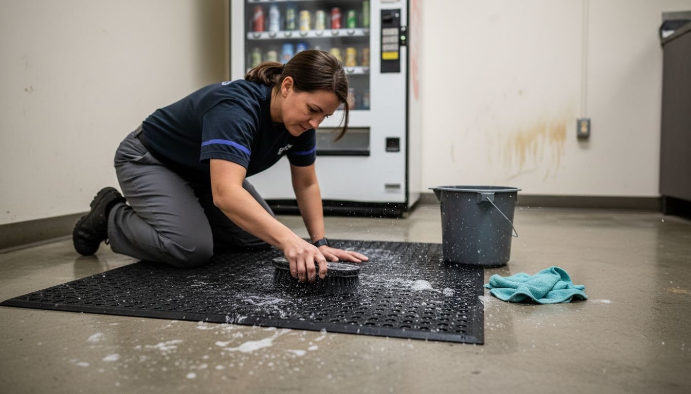 Facility manager scrubbing rubber mats thoroughly