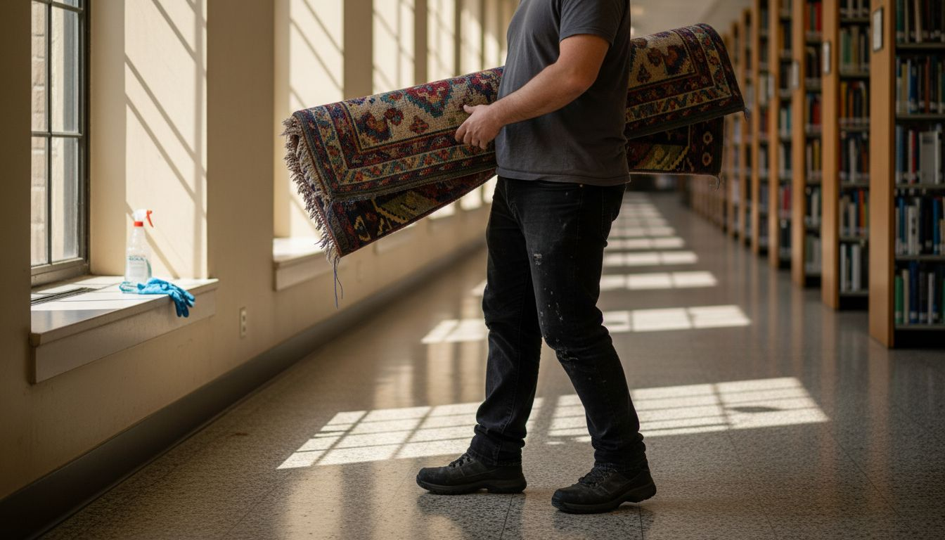 Janitor carries worn traditional hallway mat