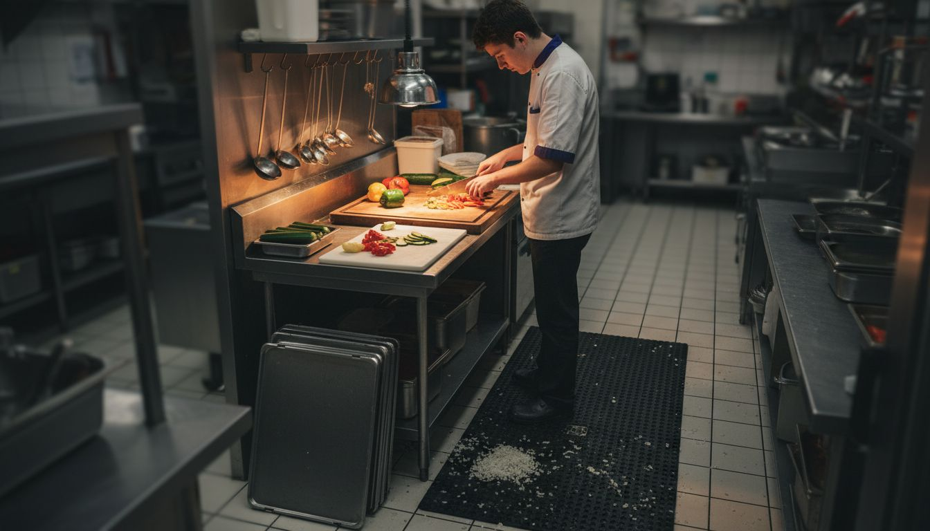 Line cook using anti-fatigue rubber mat