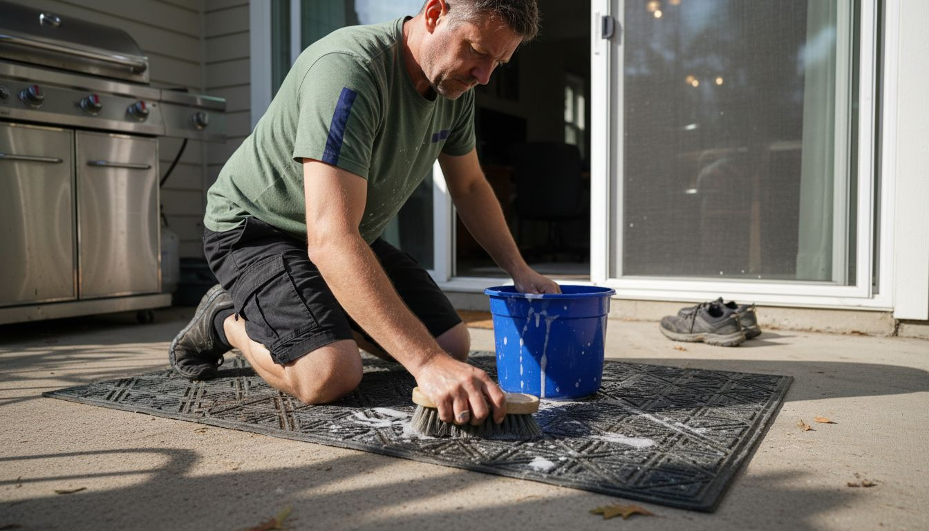 Person scrubbing outdoor mat with brush
