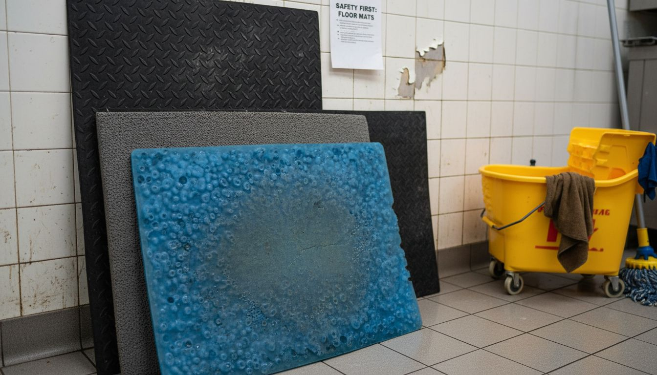 Different anti fatigue mats stacked in kitchen