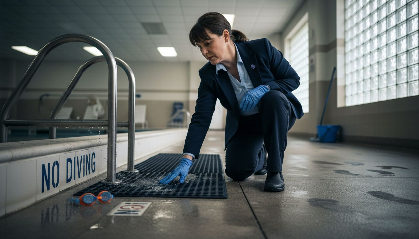 Manager inspecting textured rubber mat by pool