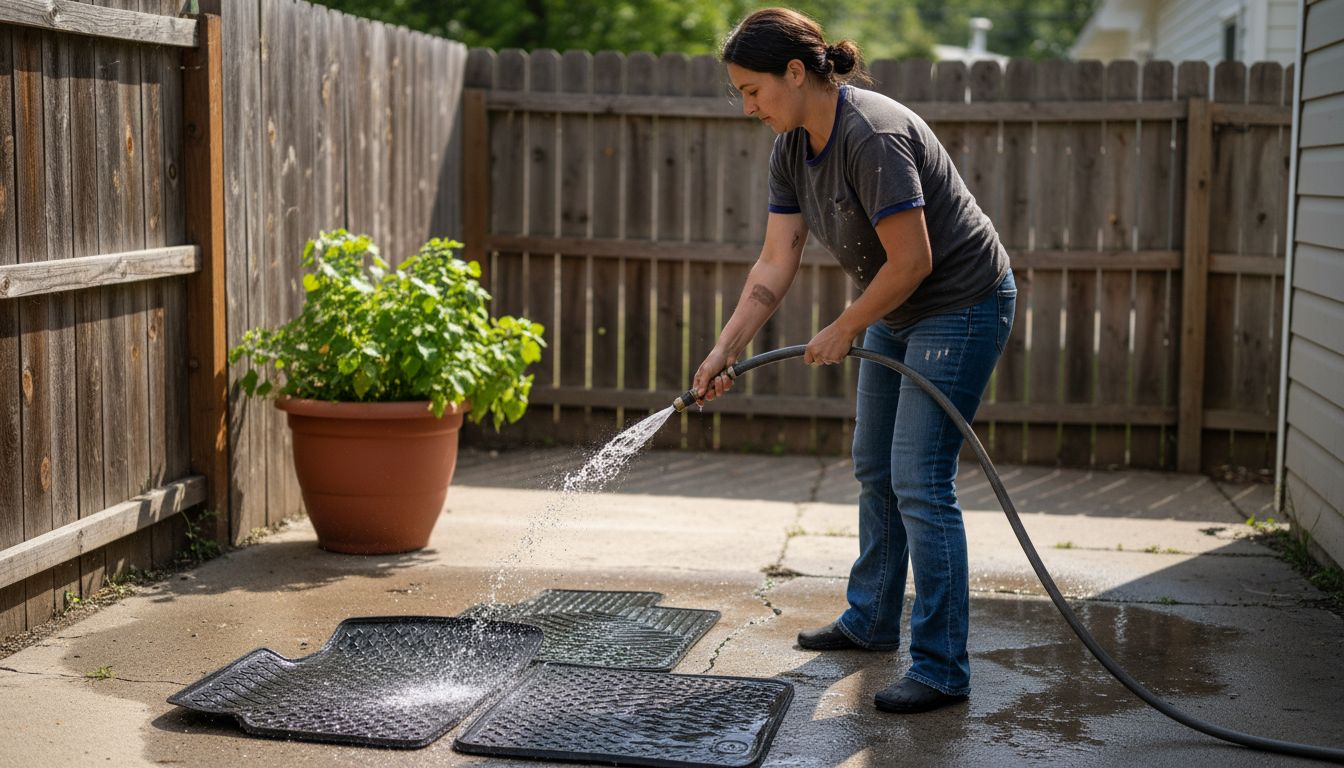 Woman rinsing mats with hose in backyard