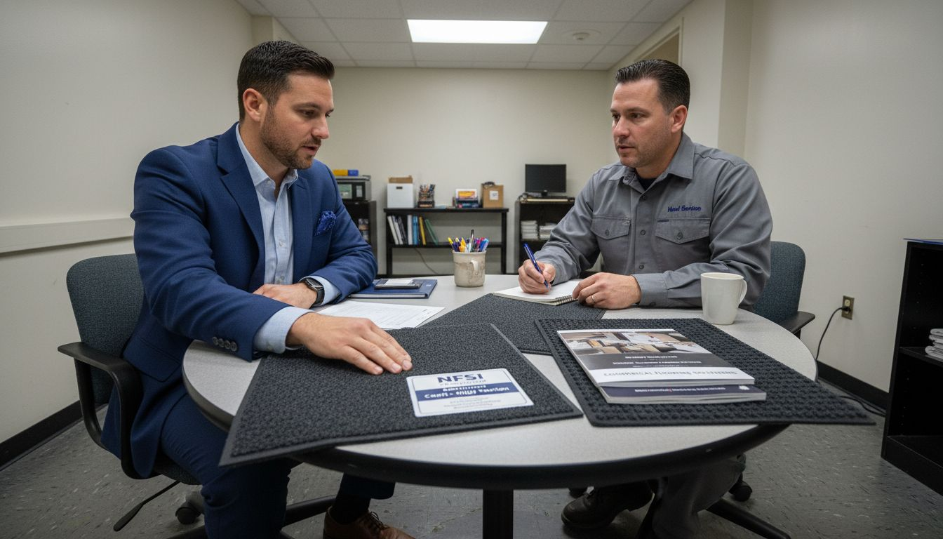 Consultant presenting certified floor mat options