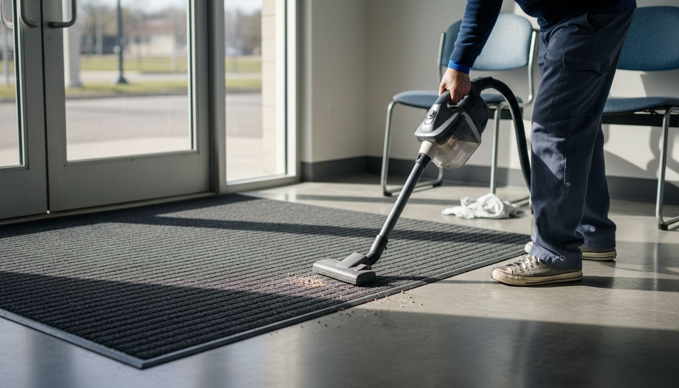 Removing visible debris from rubber mat