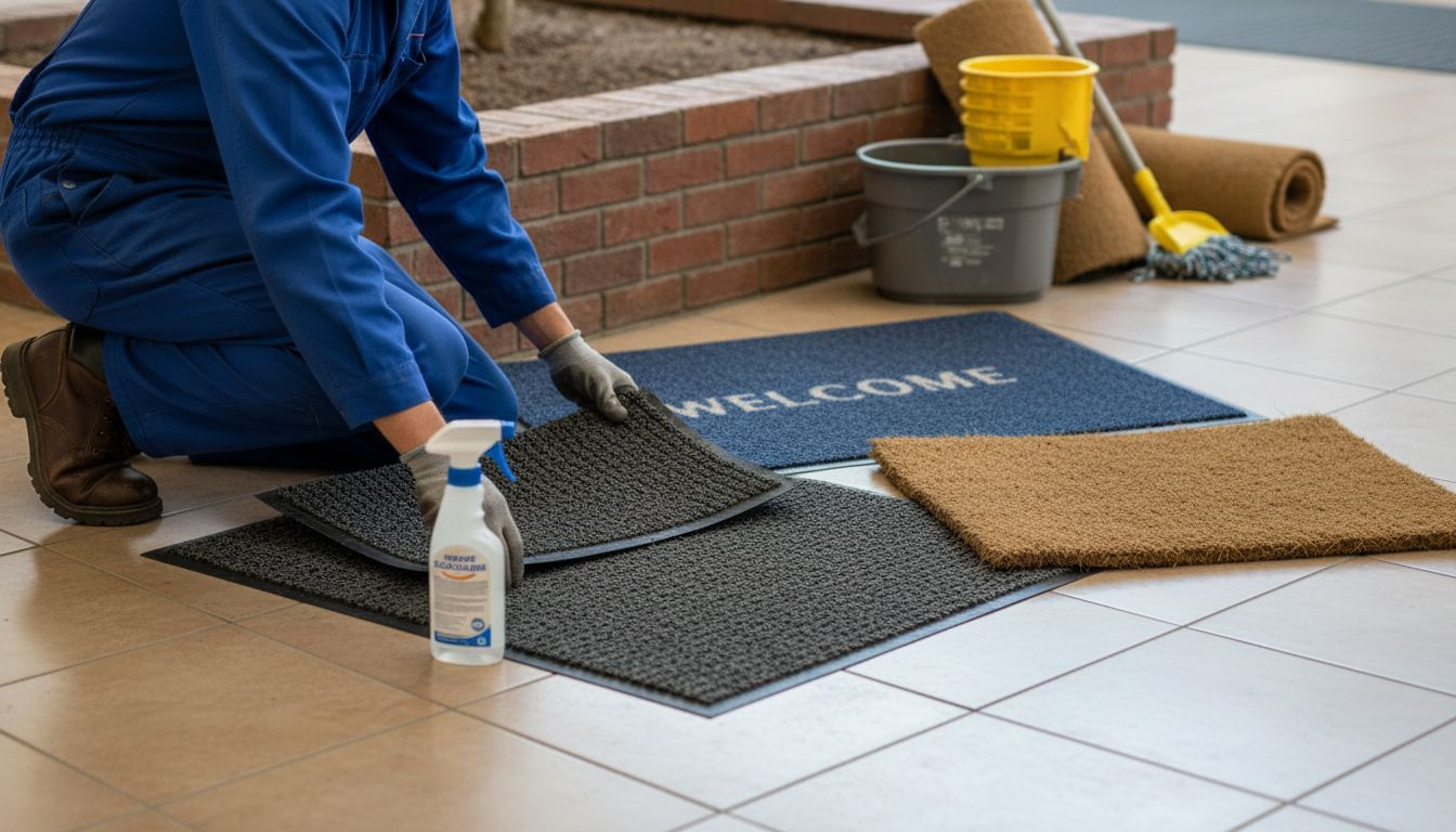 Worker comparing mat materials in entryway