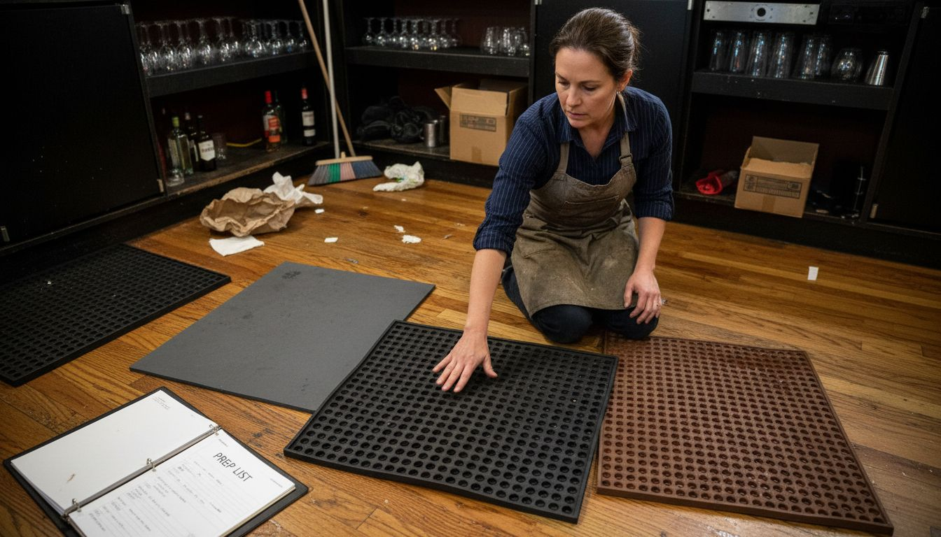 Bar manager inspecting various rubber mats