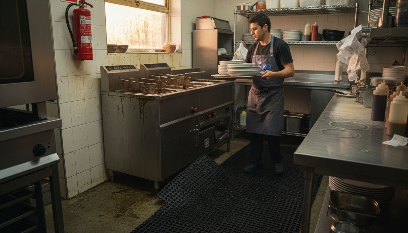 Worker walking on mat near fryer station
