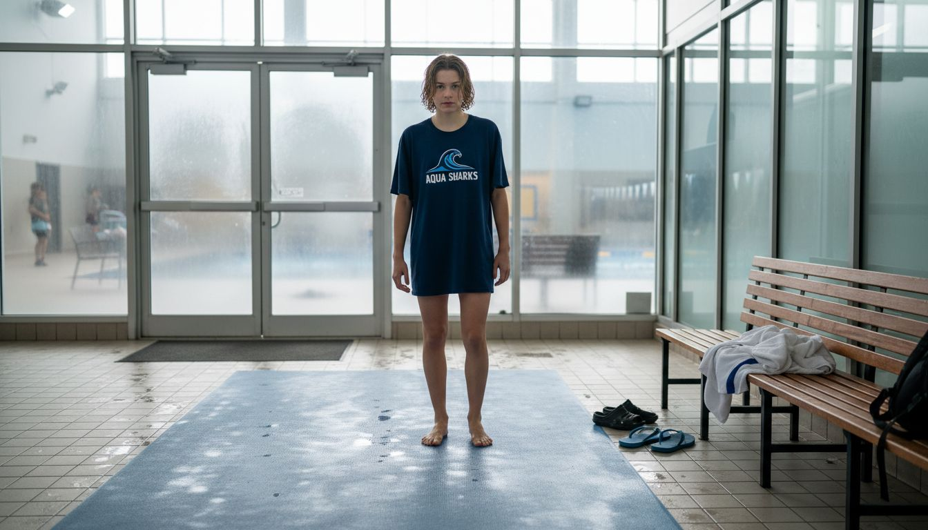 Youth on wet vinyl mat near changing room