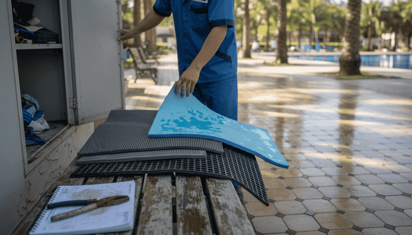 Worker comparing three pool mat types