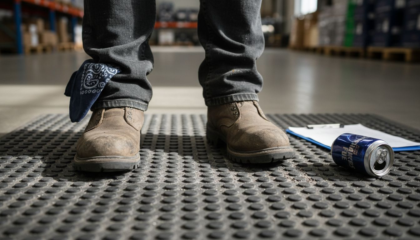 Close-up of work boots on anti-fatigue mat