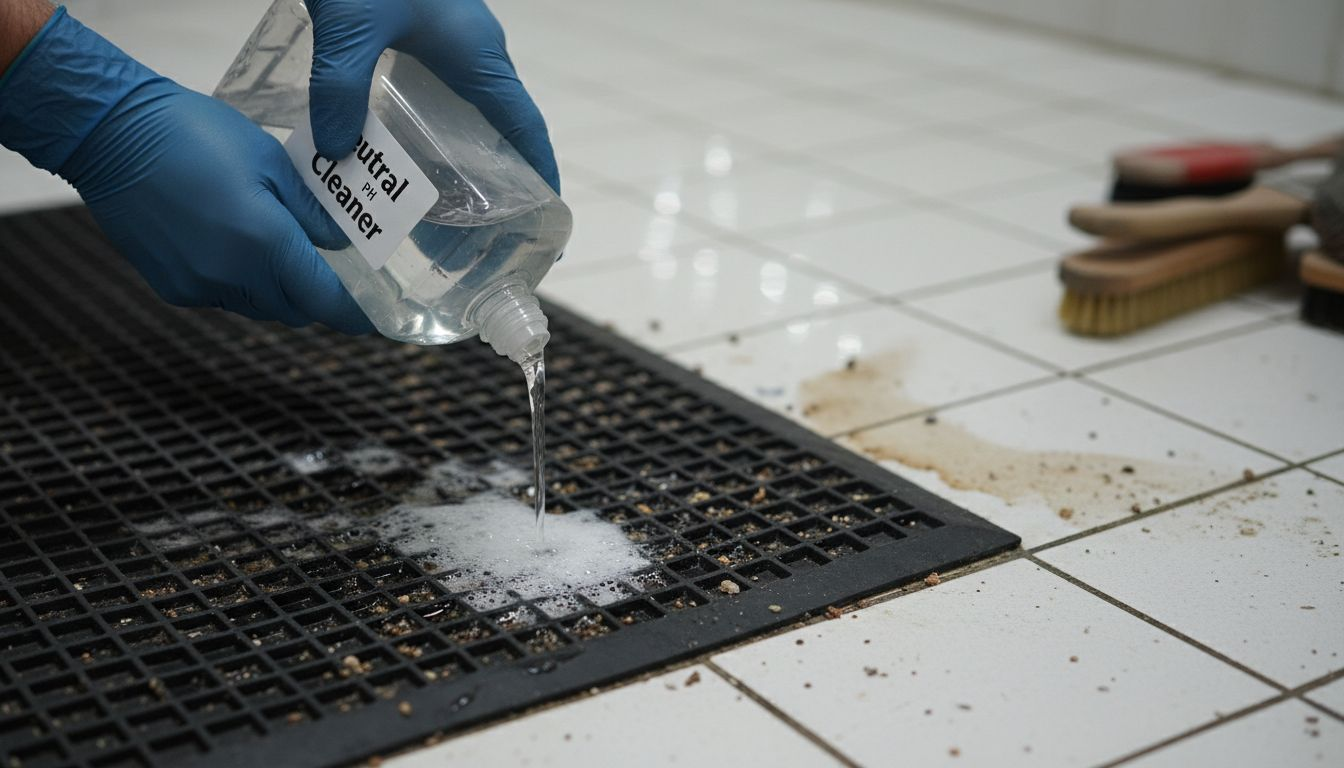 Pouring neutral pH cleaner onto rubber mat
