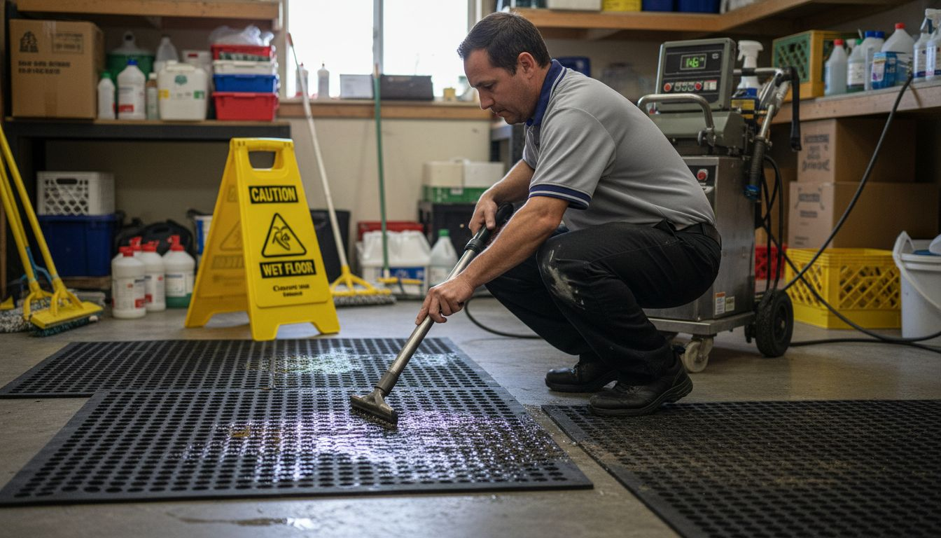 Worker uses hot water extractor on mats