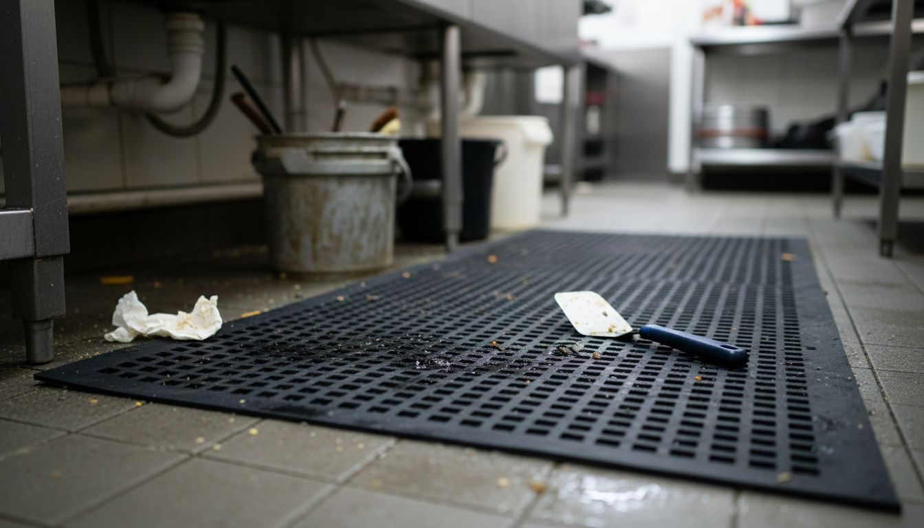 Worn rubber mat in restaurant kitchen
