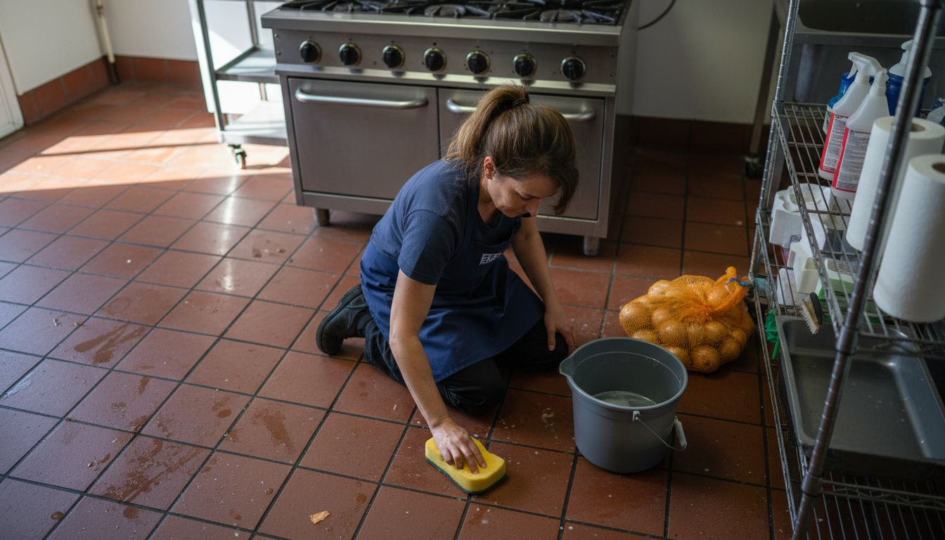 Prep cook cleaning quarry tile flooring