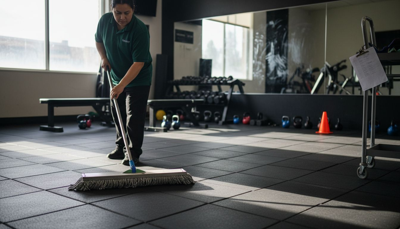 Custodian dust mopping rubber gym tile floor