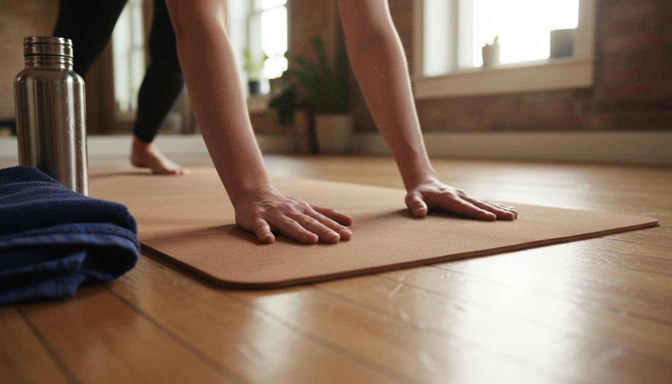Hands pressing natural rubber yoga mat