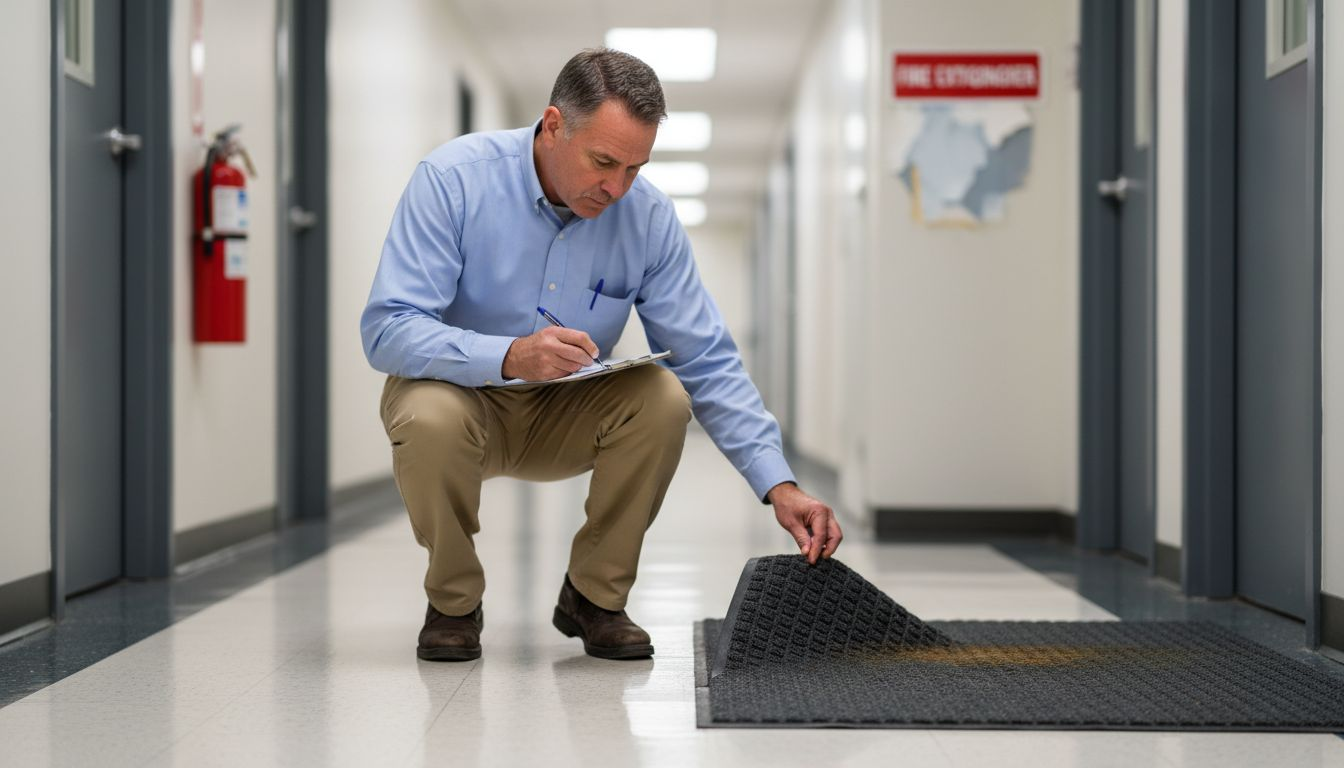 Building manager inspects Waterhog mat condition
