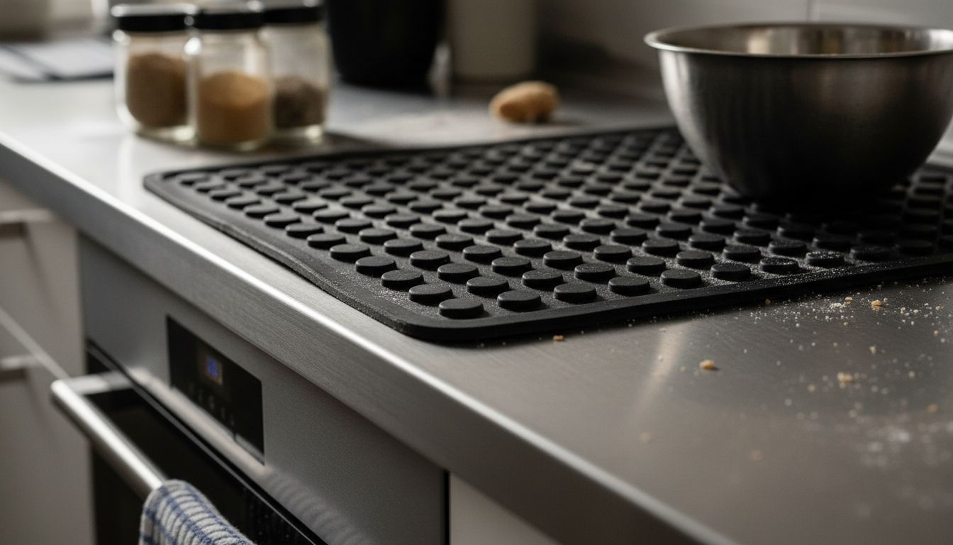 Textured rubber mat on kitchen counter closeup