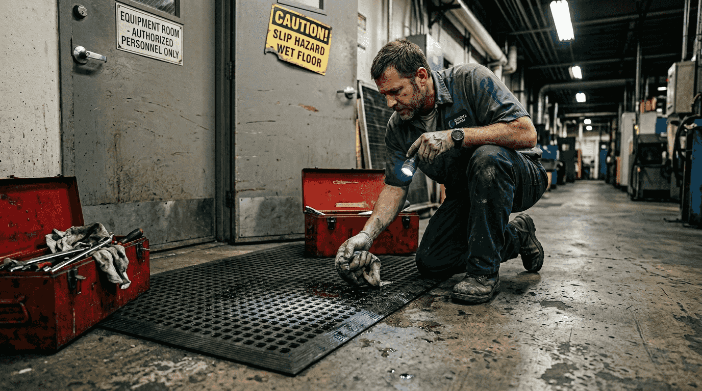 Worker cleaning mat with drainage channels