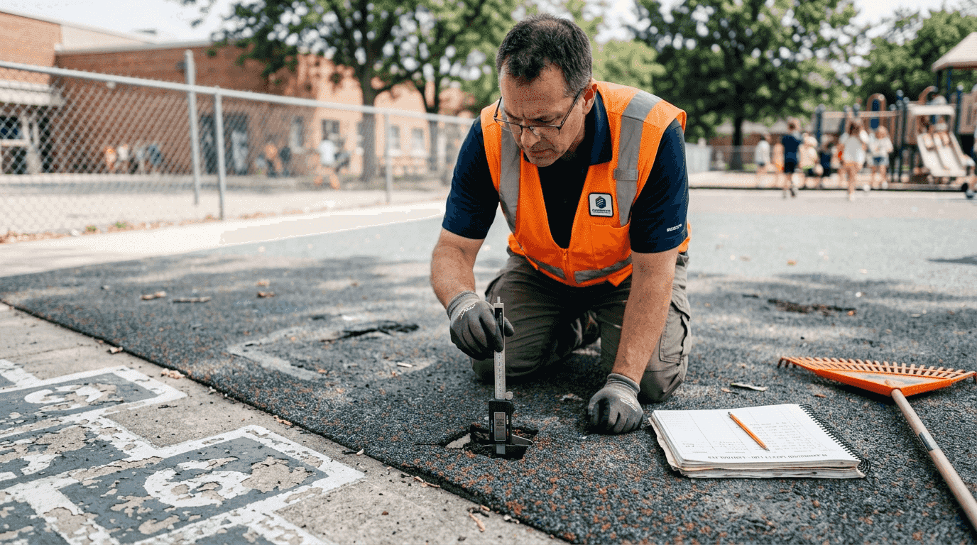 Inspector measuring poured rubber surface in playground