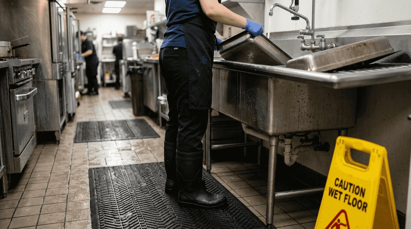 Worker on cushioned anti-fatigue kitchen mat