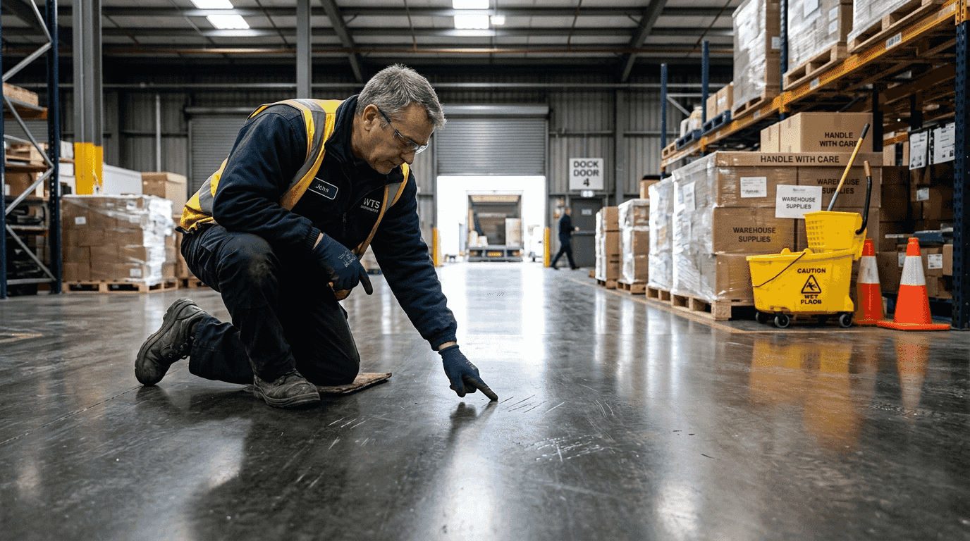 Worker inspecting polished warehouse concrete floor