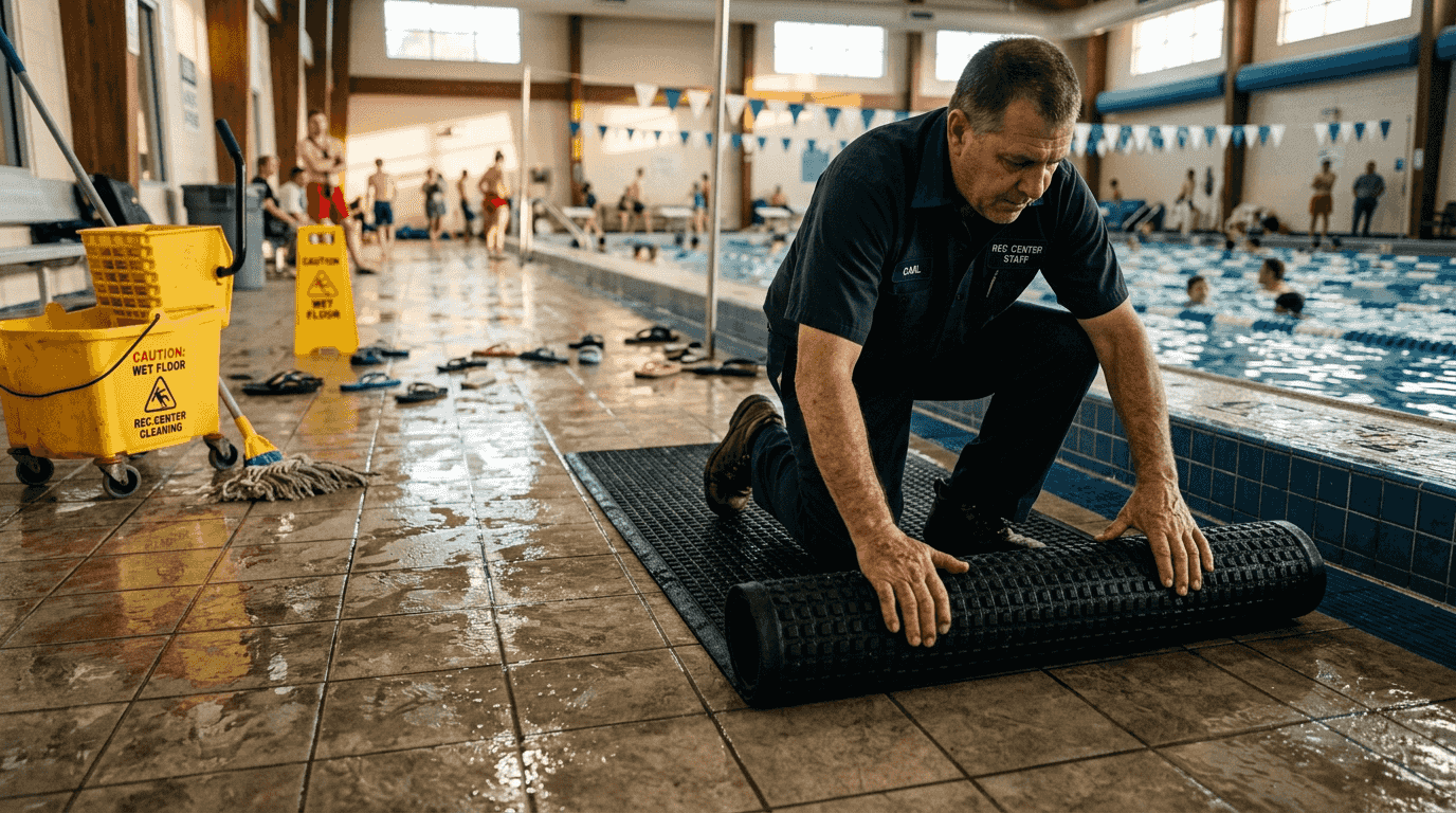 Janitor unrolling rubber pool mat indoors