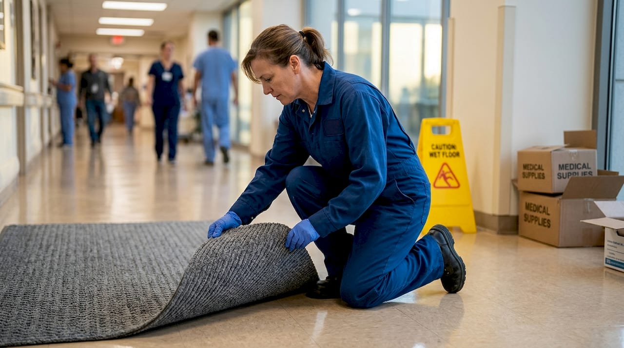 Janitor inspects recycled mat in hospital