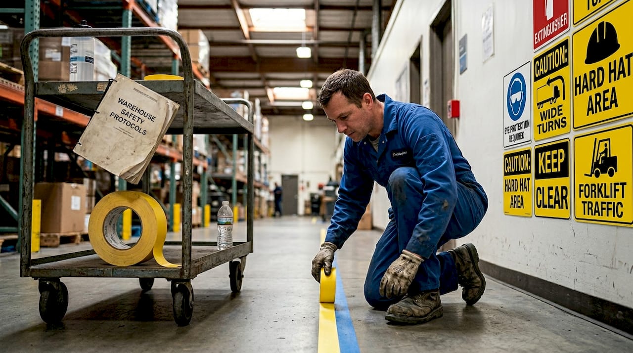 Worker applying color-coded zoning in warehouse