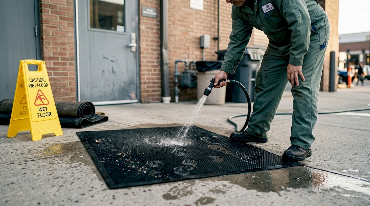 Worker cleaning commercial recycled rubber mat
