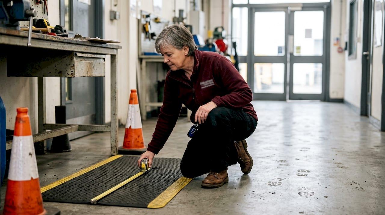 Manager inspecting anti-fatigue mat thickness