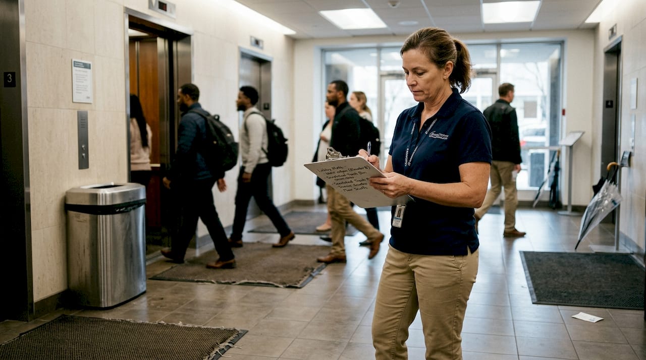 Property manager inspecting mats near elevators