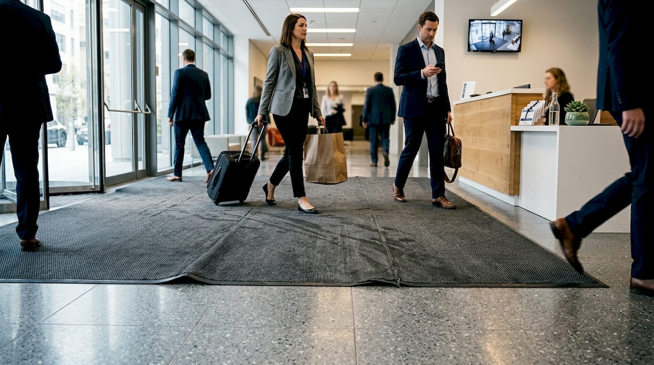 Large mat covering busy office lobby entrance