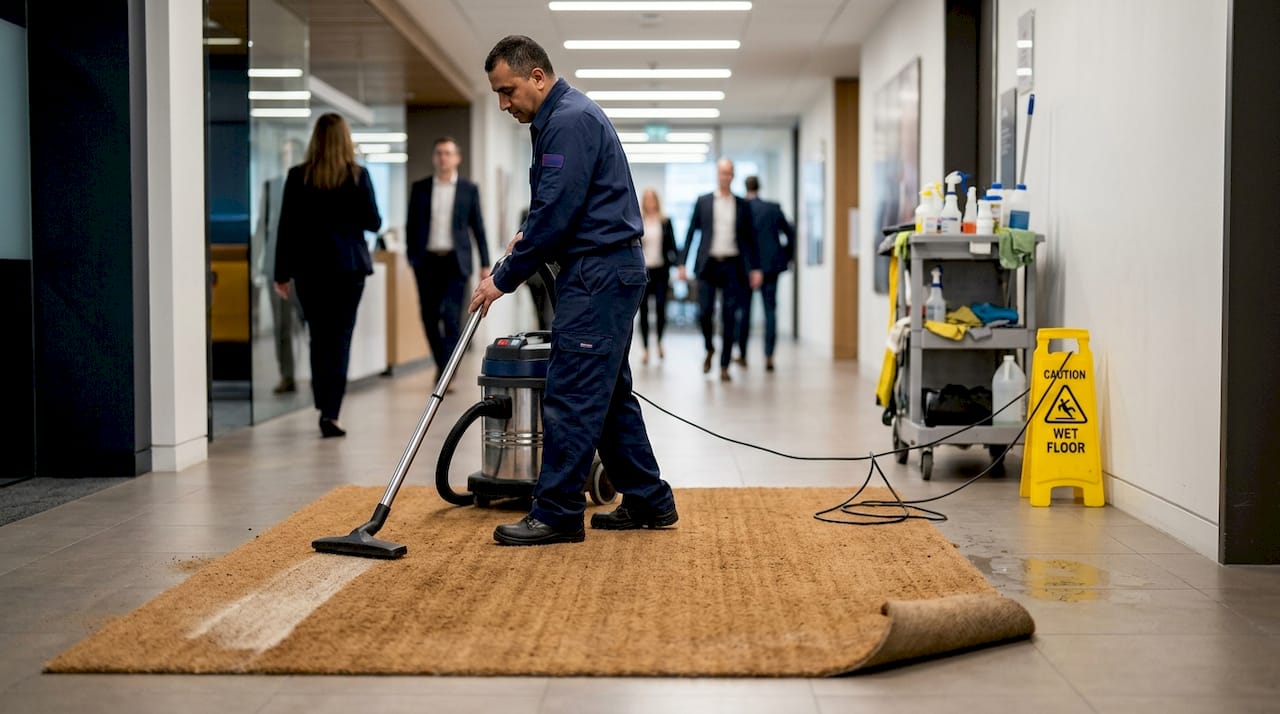 Janitor vacuuming natural fiber entrance mat
