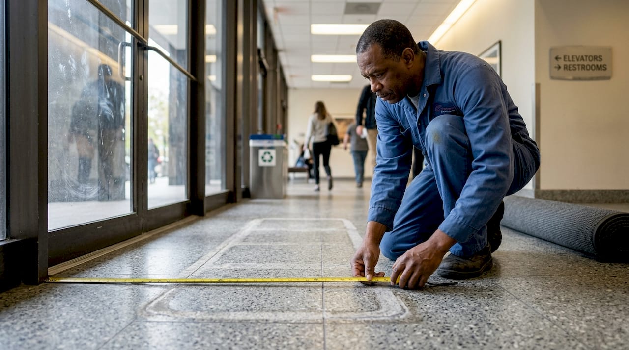 Janitor measuring entrance for proper mat size