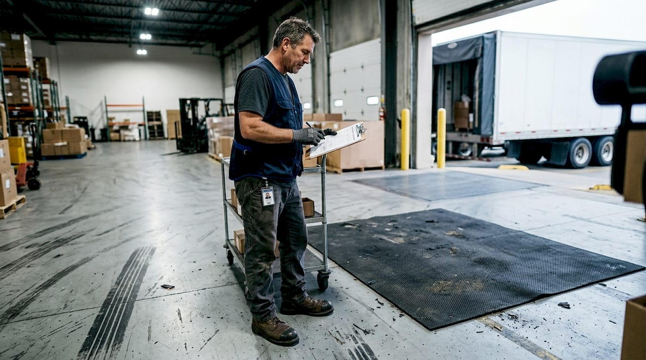 Worker beside recycled rubber mat in warehouse