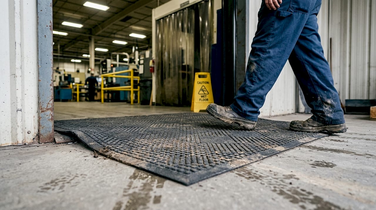 Factory worker using Waterhog mat at entrance
