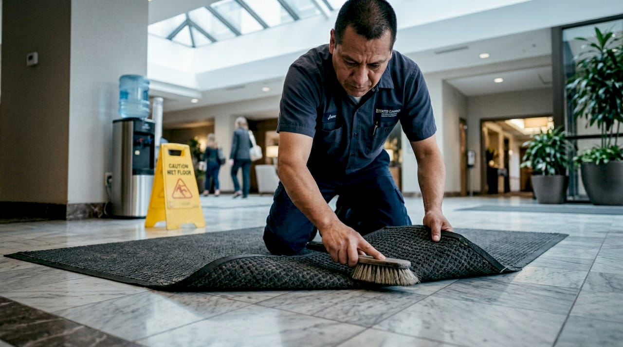 Janitor cleaning recycled mat in lobby