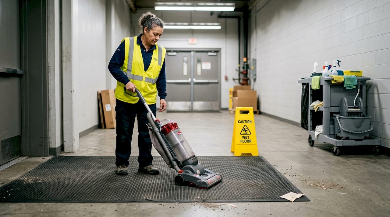 Janitor vacuuming entrance mat near loading dock