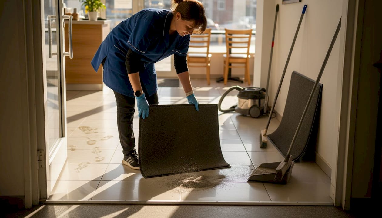 Worker lifting entry mat to clean underneath