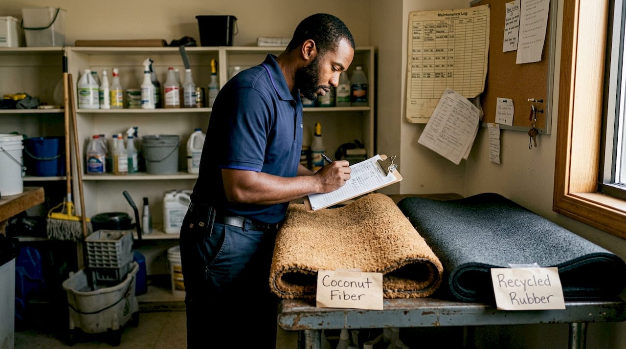 Supervisor comparing recycled and fiber mat rolls