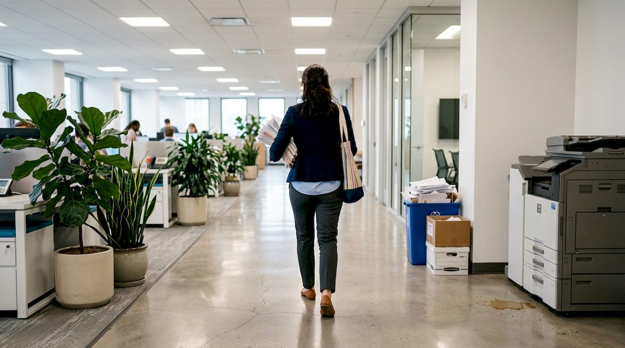 Office worker on polished concrete corridor