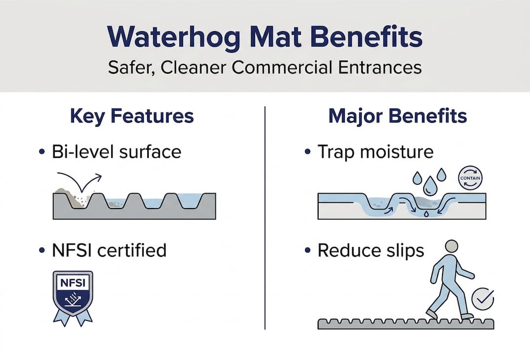 Infographic summarizing Waterhog mat safety and benefits
