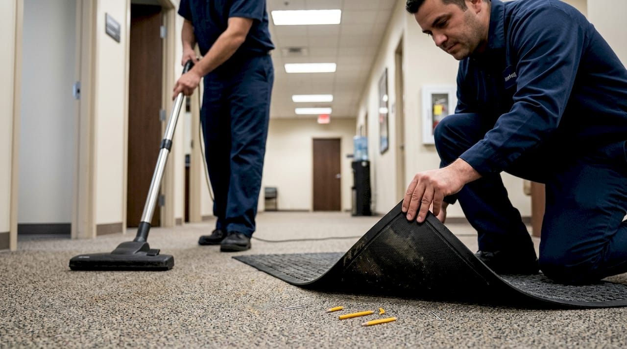 Janitors inspecting worn Waterhog mat durability